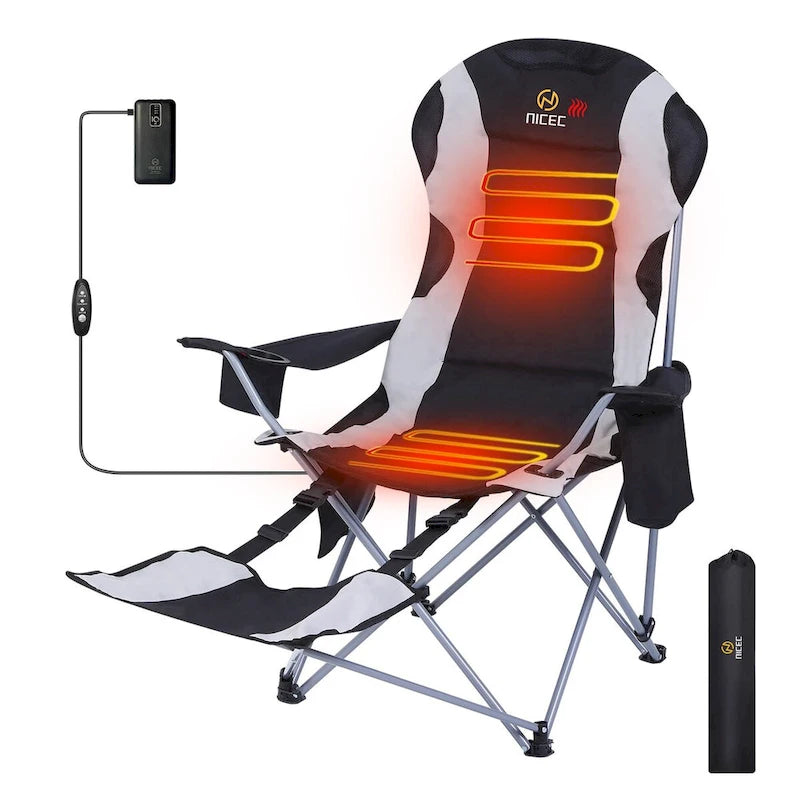 Heated Camping Chair with Detachable Footrest, Outdoor Folding Beach Chair with Carry Bag, Cupholder & Side Pockets
