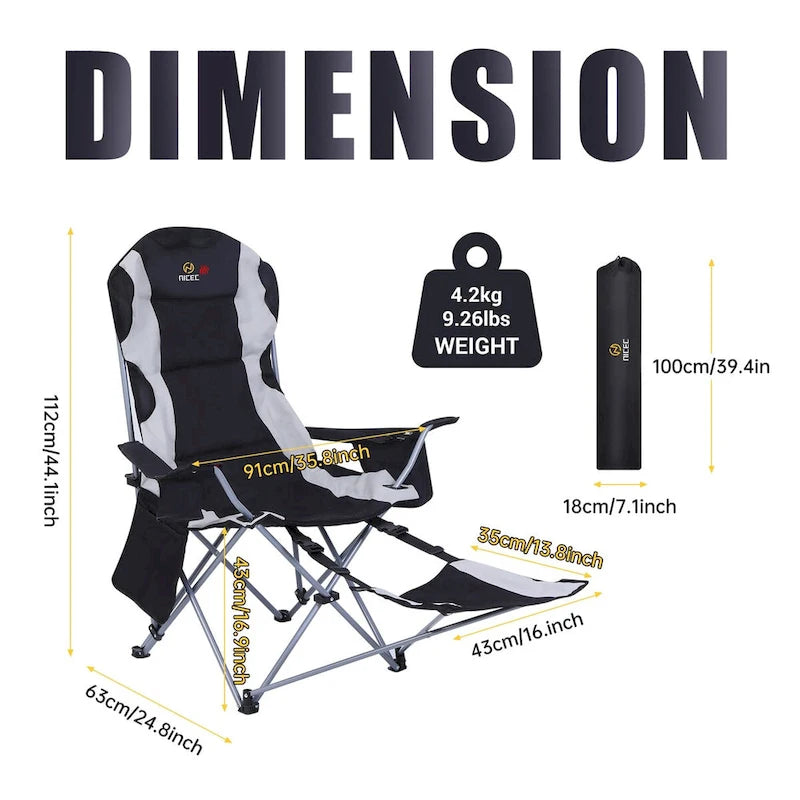 Heated Camping Chair with Detachable Footrest, Outdoor Folding Beach Chair with Carry Bag, Cupholder & Side Pockets