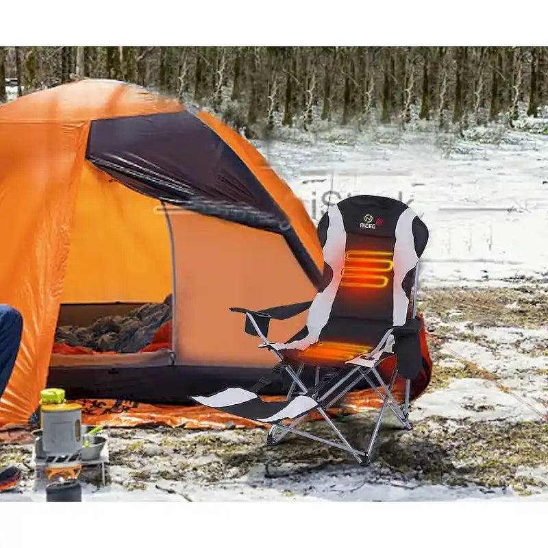 Heated Camping Chair with Detachable Footrest, Outdoor Folding Beach Chair with Carry Bag, Cupholder & Side Pockets