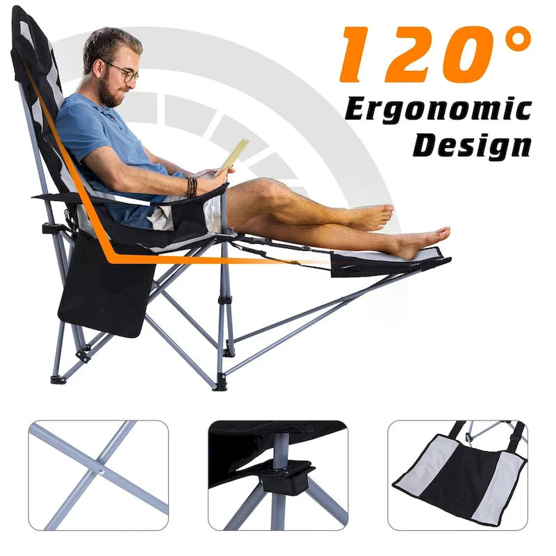 Heated Camping Chair with Detachable Footrest, Outdoor Folding Beach Chair with Carry Bag, Cupholder & Side Pockets
