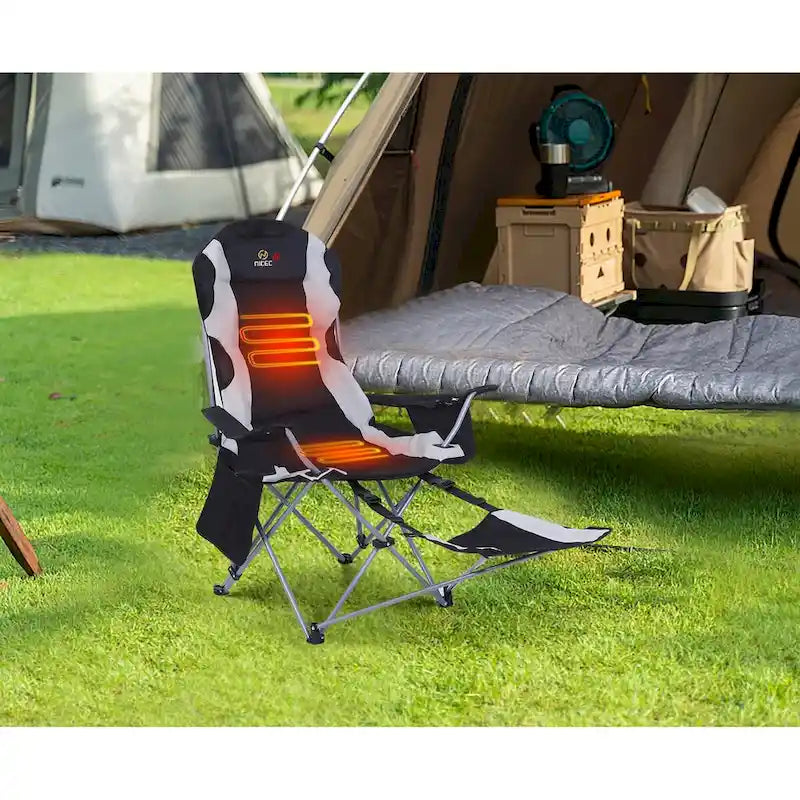 Heated Camping Chair with Detachable Footrest, Outdoor Folding Beach Chair with Carry Bag, Cupholder & Side Pockets
