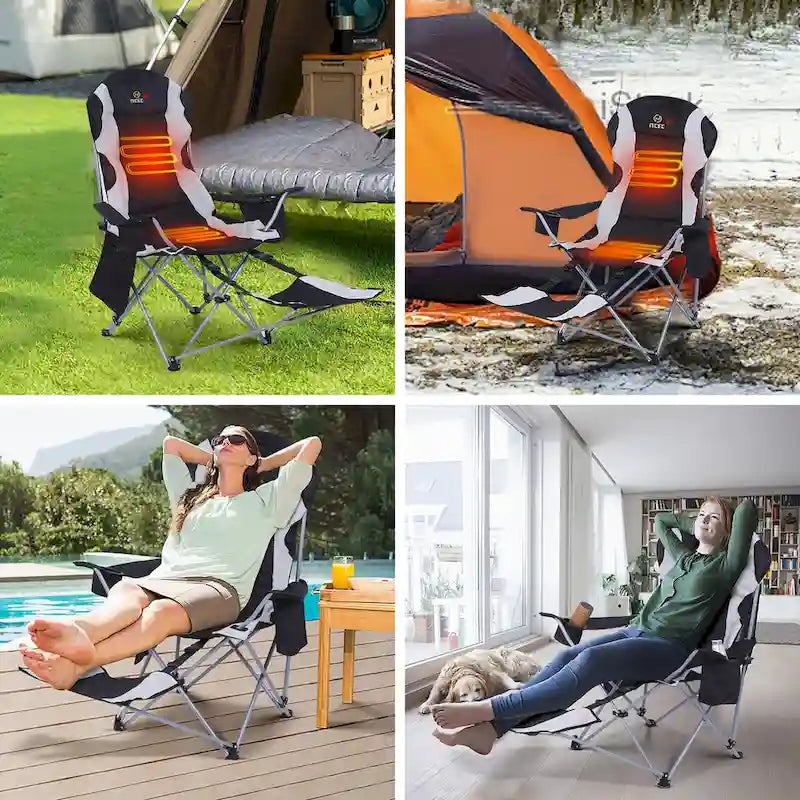 Heated Camping Chair with Detachable Footrest, Outdoor Folding Beach Chair with Carry Bag, Cupholder & Side Pockets