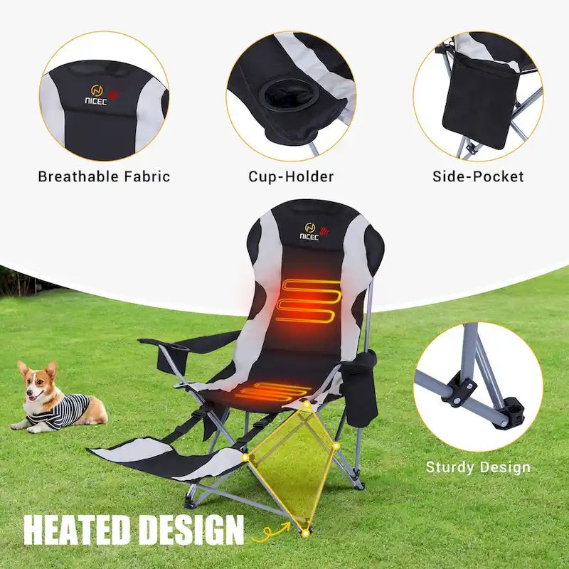 Heated Camping Chair with Detachable Footrest, Outdoor Folding Beach Chair with Carry Bag, Cupholder & Side Pockets