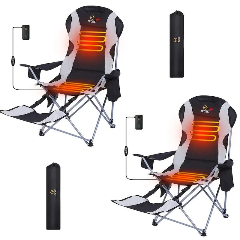 Heated Camping Chair with Detachable Footrest, Outdoor Folding Beach Chair with Carry Bag, Cupholder & Side Pockets