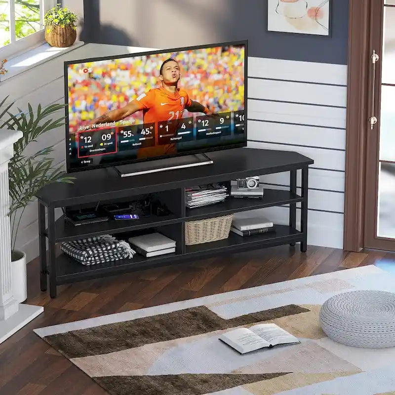 Farmhouse Wood Corner TV Stand with Power Outlet, Space Saving Entertainment Center Media TV Console Table