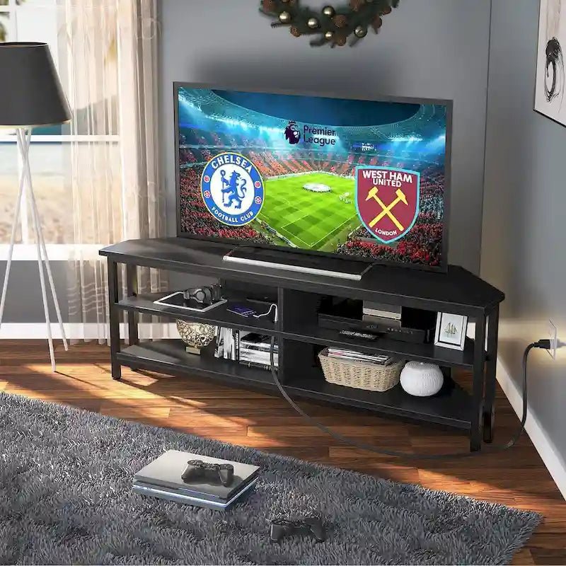 Farmhouse Wood Corner TV Stand with Power Outlet, Space Saving Entertainment Center Media TV Console Table