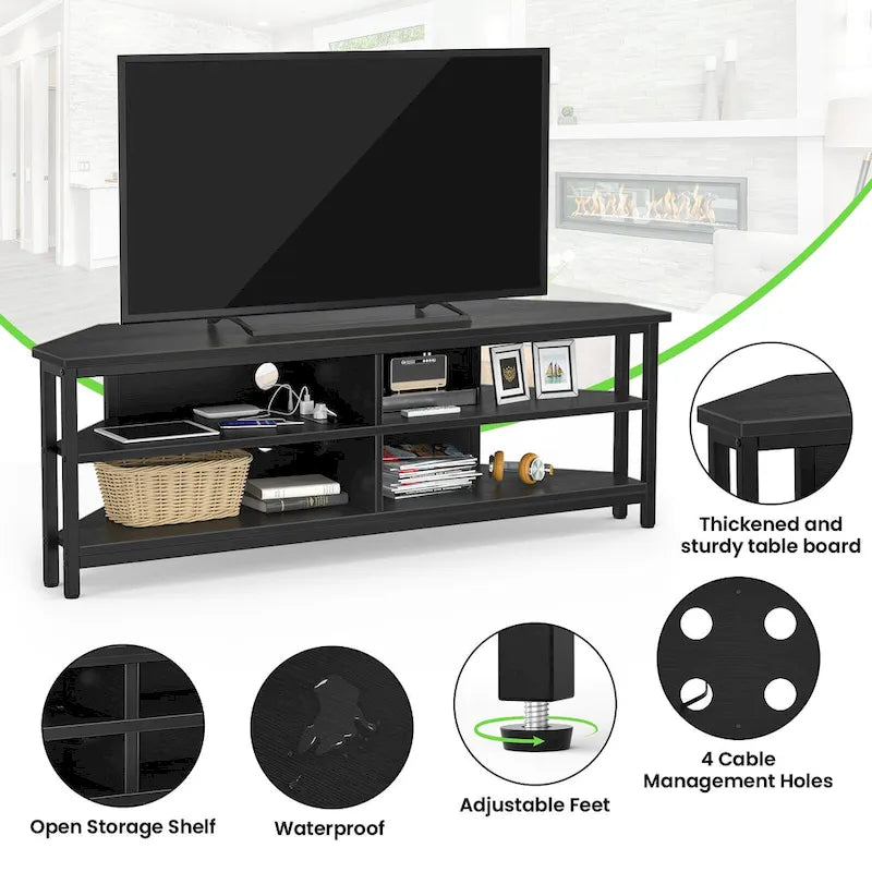 Farmhouse Wood Corner TV Stand with Power Outlet, Space Saving Entertainment Center Media TV Console Table