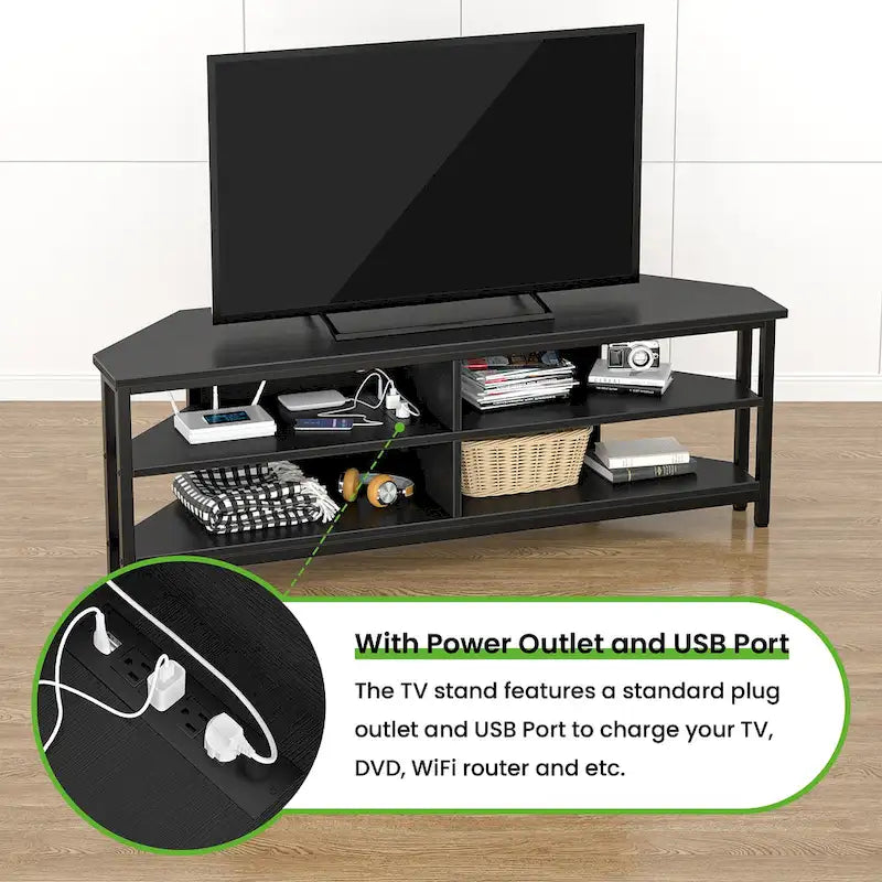 Farmhouse Wood Corner TV Stand with Power Outlet, Space Saving Entertainment Center Media TV Console Table