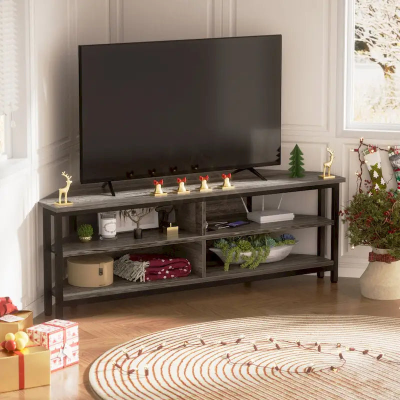 Farmhouse Wood Corner TV Stand with Power Outlet, Space Saving Entertainment Center Media TV Console Table