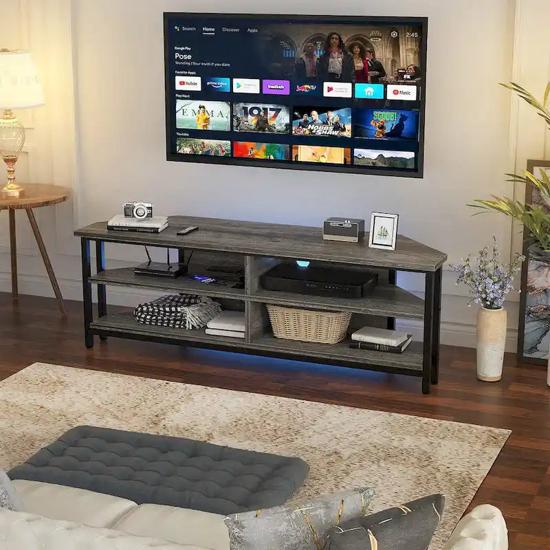 Farmhouse Wood Corner TV Stand with Power Outlet, Space Saving Entertainment Center Media TV Console Table