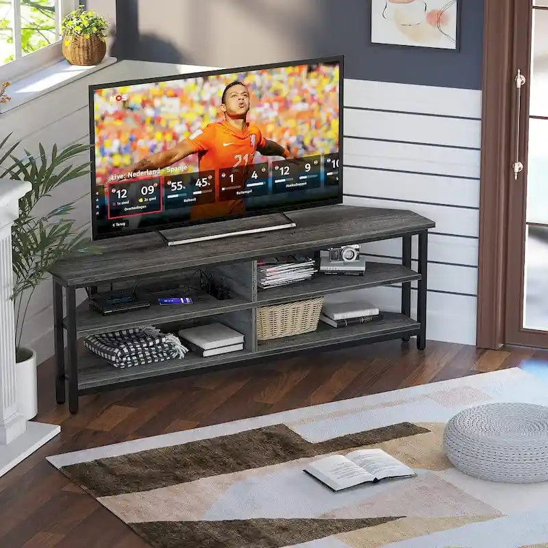 Farmhouse Wood Corner TV Stand with Power Outlet, Space Saving Entertainment Center Media TV Console Table