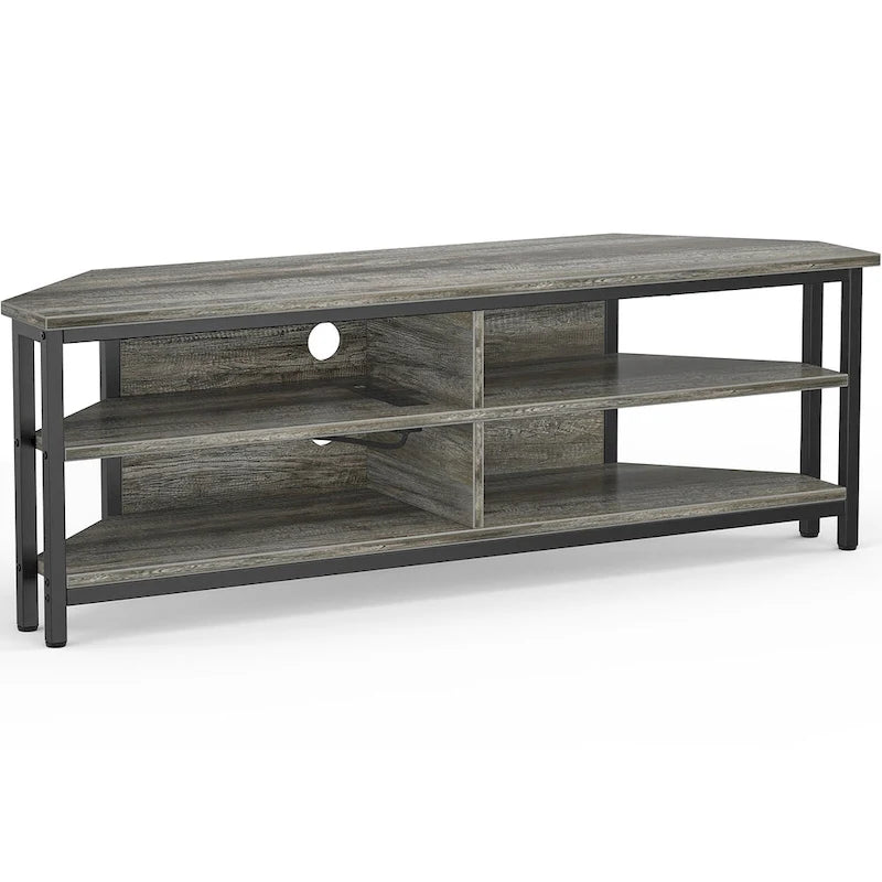 Farmhouse Wood Corner TV Stand with Power Outlet, Space Saving Entertainment Center Media TV Console Table