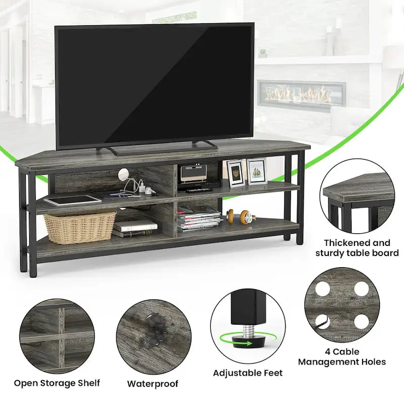 Farmhouse Wood Corner TV Stand with Power Outlet, Space Saving Entertainment Center Media TV Console Table