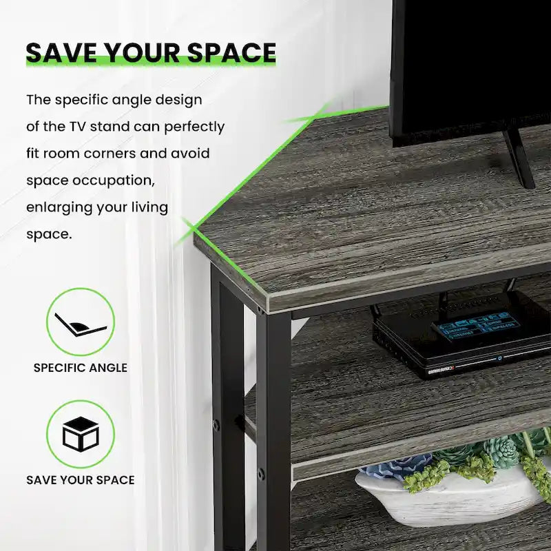 Farmhouse Wood Corner TV Stand with Power Outlet, Space Saving Entertainment Center Media TV Console Table