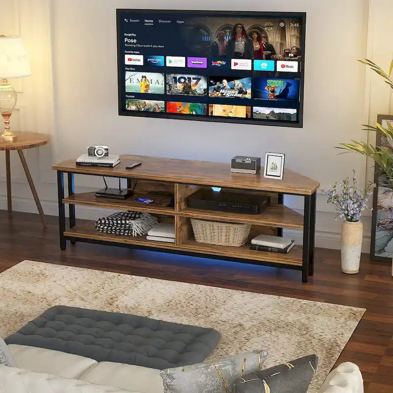 Farmhouse Wood Corner TV Stand with Power Outlet, Space Saving Entertainment Center Media TV Console Table