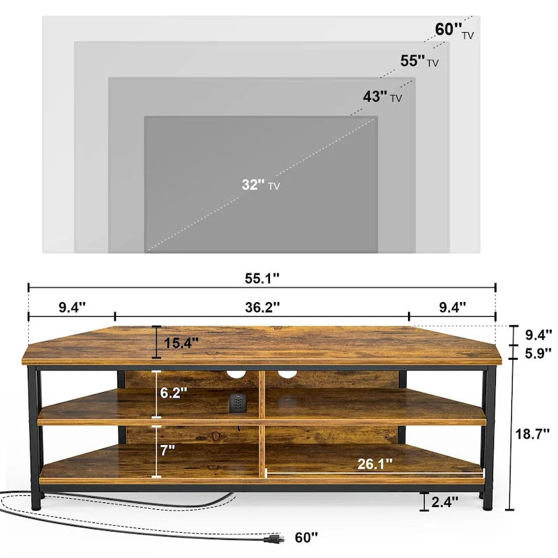 Farmhouse Wood Corner TV Stand with Power Outlet, Space Saving Entertainment Center Media TV Console Table