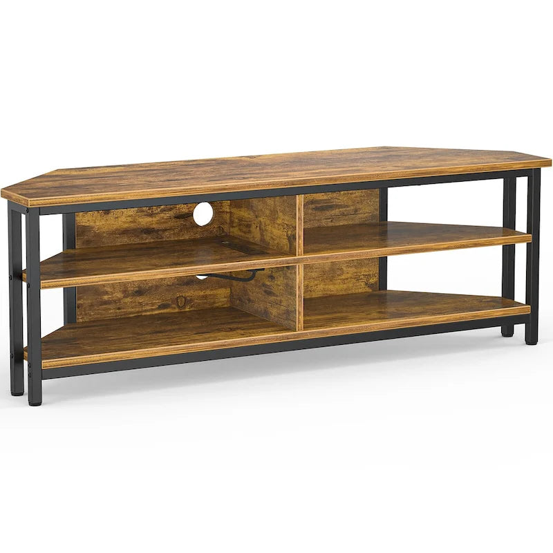 Farmhouse Wood Corner TV Stand with Power Outlet, Space Saving Entertainment Center Media TV Console Table