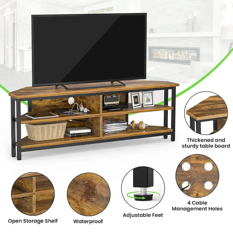 Farmhouse Wood Corner TV Stand with Power Outlet, Space Saving Entertainment Center Media TV Console Table
