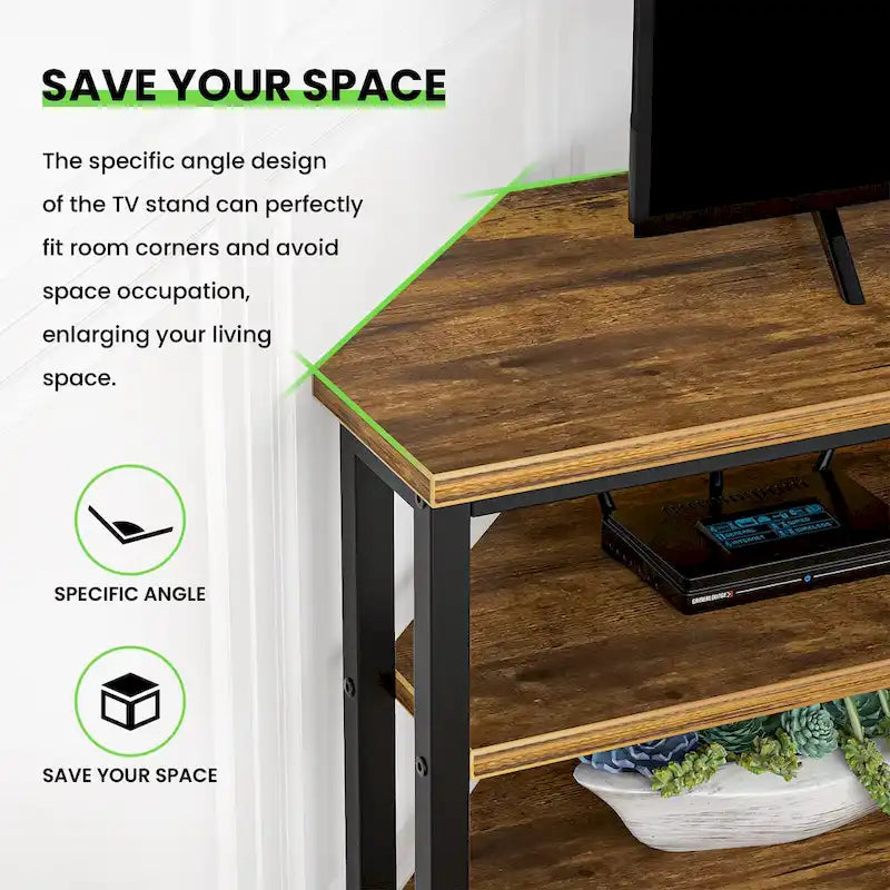 Farmhouse Wood Corner TV Stand with Power Outlet, Space Saving Entertainment Center Media TV Console Table