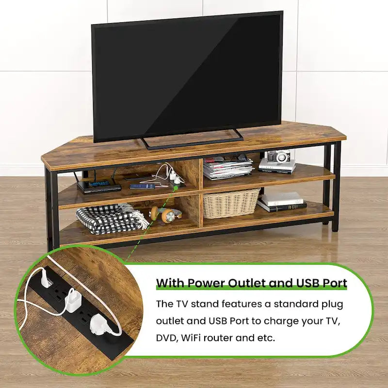Farmhouse Wood Corner TV Stand with Power Outlet, Space Saving Entertainment Center Media TV Console Table