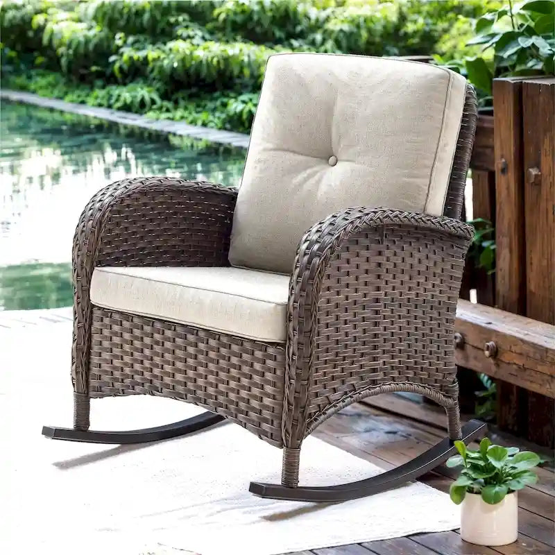Fauteuil à bascule en rotin pour patio avec dossier haut - Marron