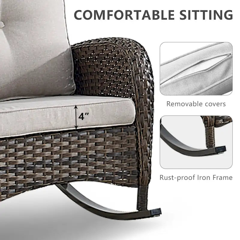 Fauteuil à bascule en rotin pour patio avec dossier haut - Marron
