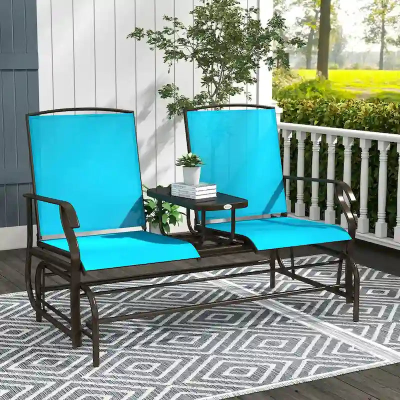 Outdoor Glider Bench with Center Table, Patio Loveseat with Breathable Mesh Fabric, Armrests & Metal Frame