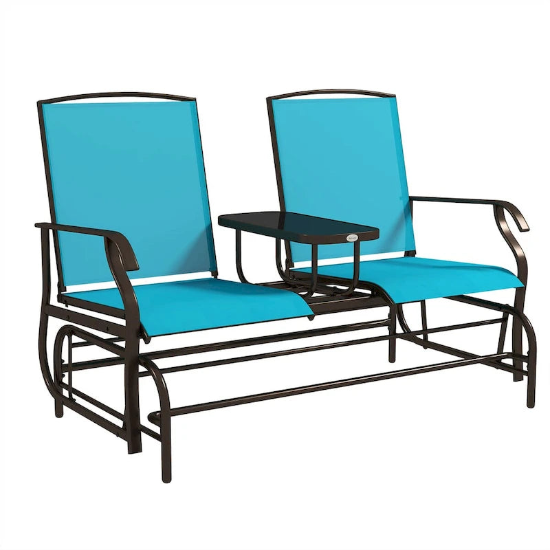 Outdoor Glider Bench with Center Table, Patio Loveseat with Breathable Mesh Fabric, Armrests & Metal Frame