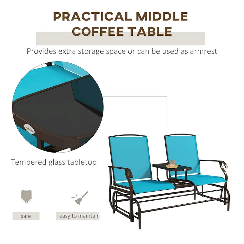 Outdoor Glider Bench with Center Table, Patio Loveseat with Breathable Mesh Fabric, Armrests & Metal Frame