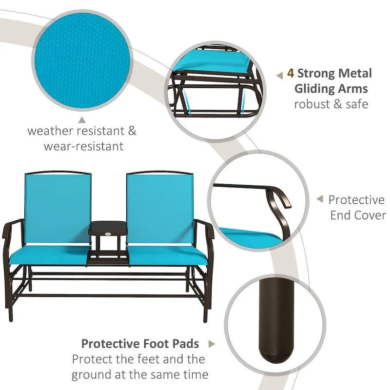 Outdoor Glider Bench with Center Table, Patio Loveseat with Breathable Mesh Fabric, Armrests & Metal Frame