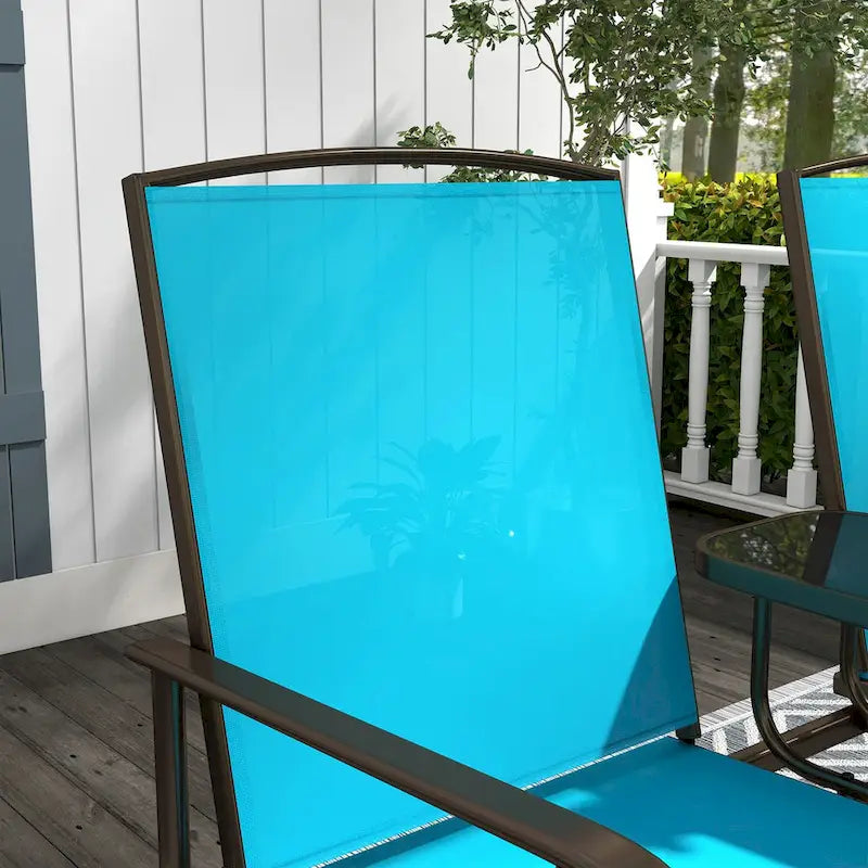 Outdoor Glider Bench with Center Table, Patio Loveseat with Breathable Mesh Fabric, Armrests & Metal Frame