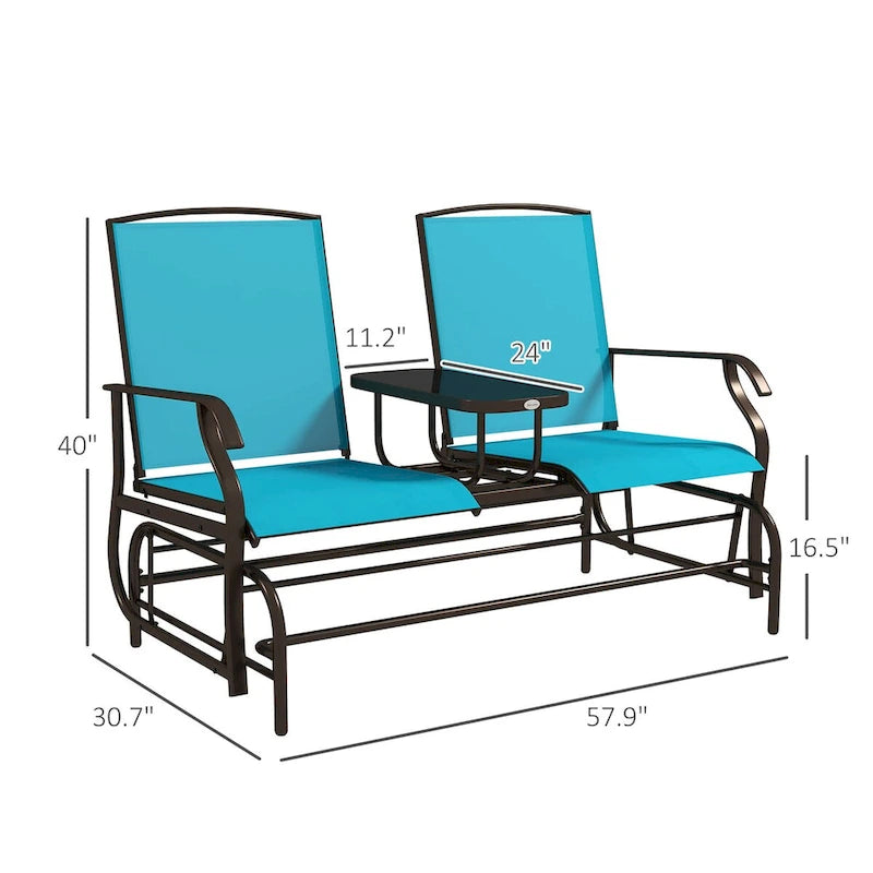 Outdoor Glider Bench with Center Table, Patio Loveseat with Breathable Mesh Fabric, Armrests & Metal Frame