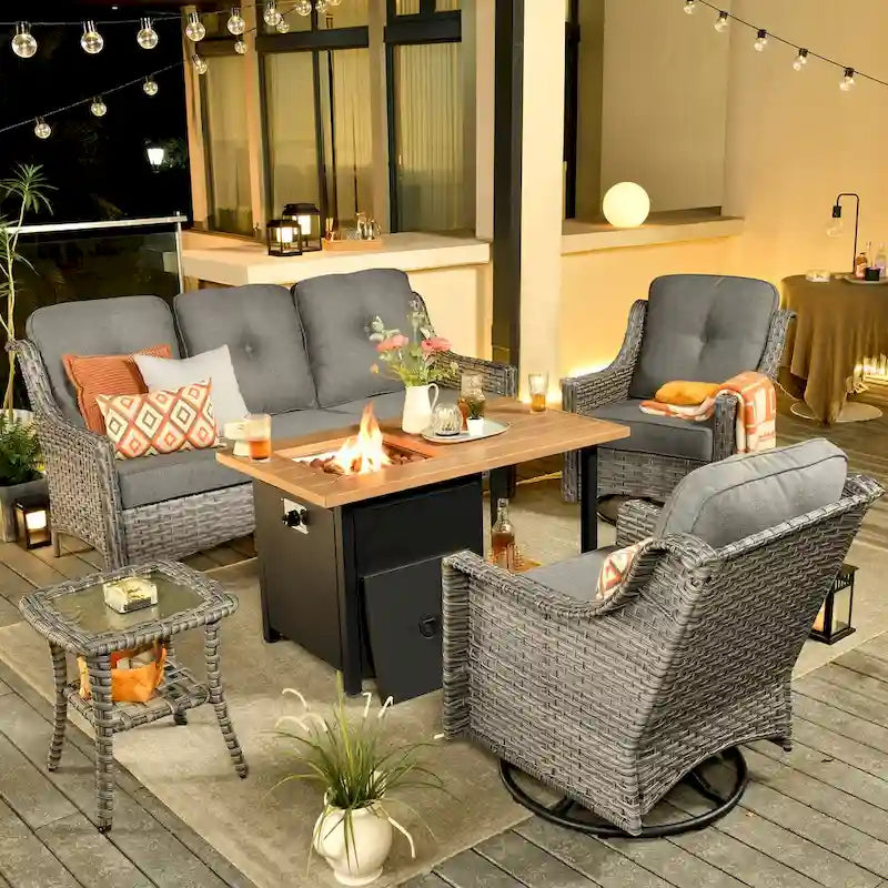 OVIOS Ensemble de 5 pièces : Chaises pivotantes incurvées en osier d'extérieur avec table brasero