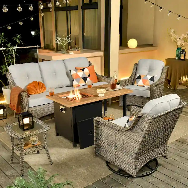 OVIOS Ensemble de 5 pièces : Chaises pivotantes incurvées en osier d'extérieur avec table brasero