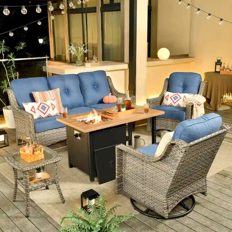 OVIOS Ensemble de 5 pièces : Chaises pivotantes incurvées en osier d'extérieur avec table brasero