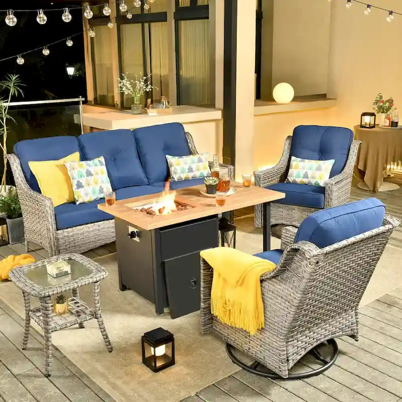 OVIOS Ensemble de 5 pièces : Chaises pivotantes incurvées en osier d'extérieur avec table brasero