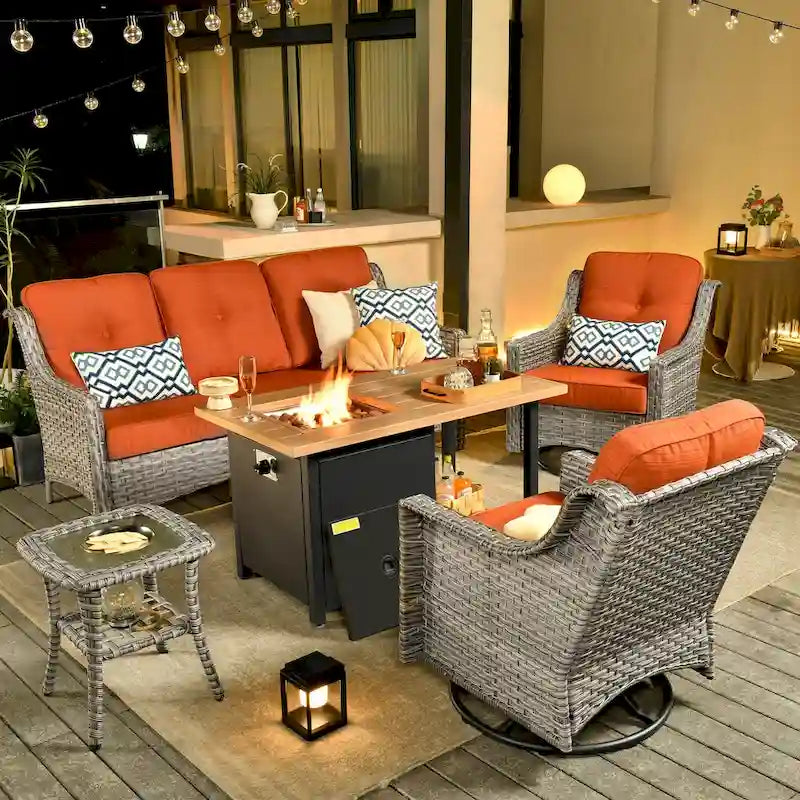 OVIOS Ensemble de 5 pièces : Chaises pivotantes incurvées en osier d'extérieur avec table brasero