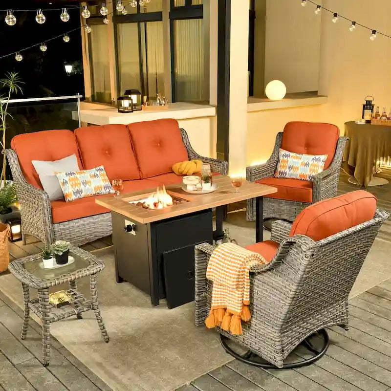 OVIOS Ensemble de 5 pièces : Chaises pivotantes incurvées en osier d'extérieur avec table brasero