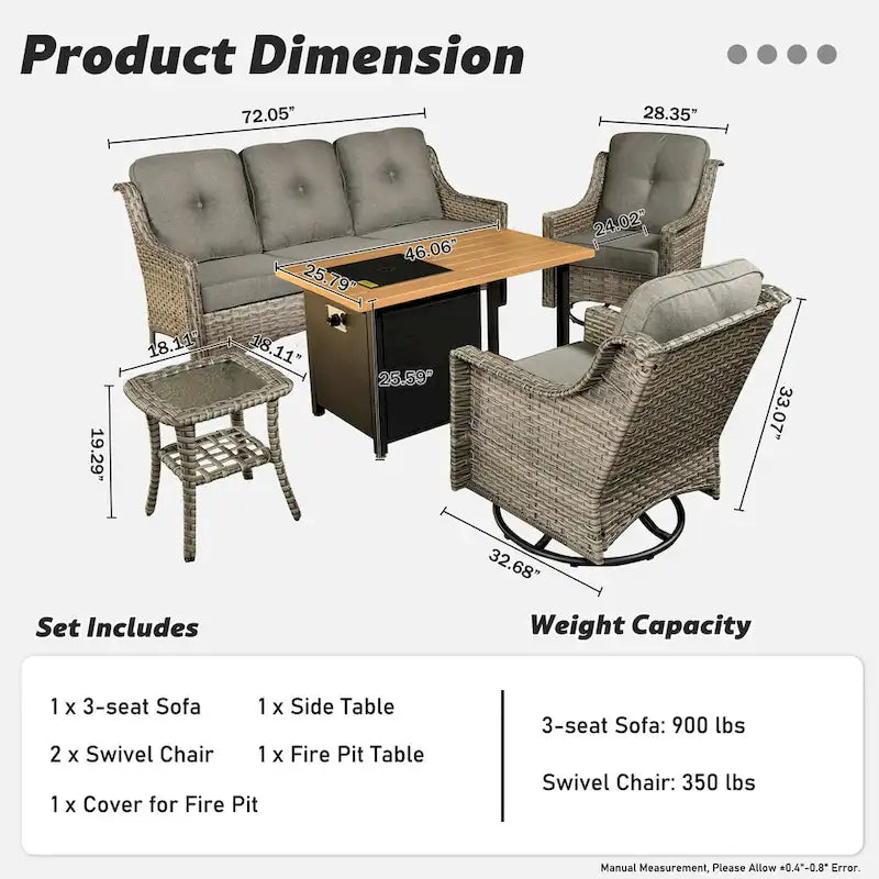 OVIOS Ensemble de 5 pièces : Chaises pivotantes incurvées en osier d'extérieur avec table brasero