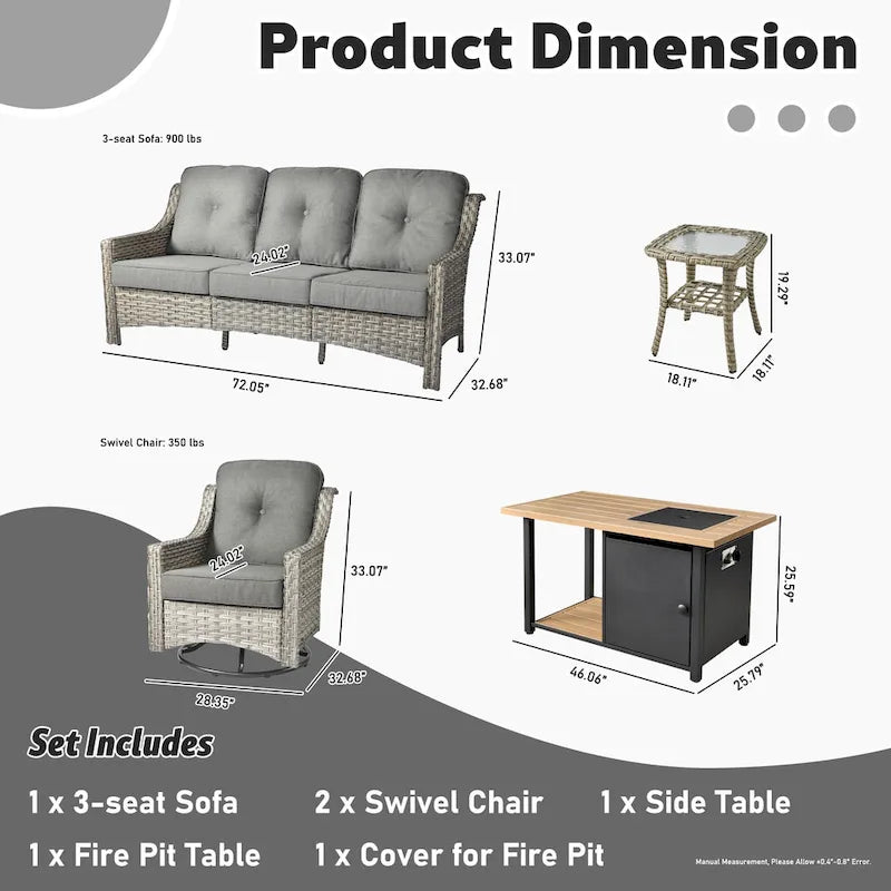 OVIOS Ensemble de 5 pièces : Chaises pivotantes incurvées en osier d'extérieur avec table brasero