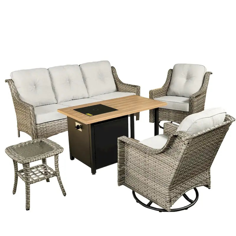 OVIOS Ensemble de 5 pièces : Chaises pivotantes incurvées en osier d'extérieur avec table brasero