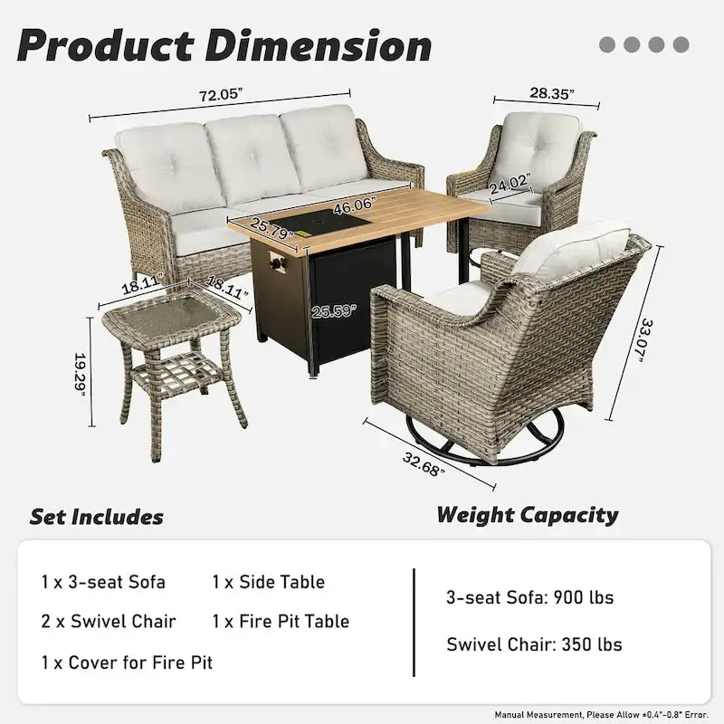 OVIOS Ensemble de 5 pièces : Chaises pivotantes incurvées en osier d'extérieur avec table brasero