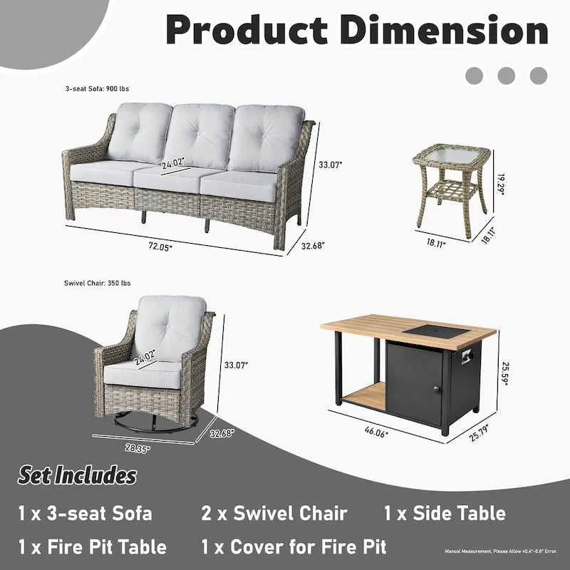 OVIOS Ensemble de 5 pièces : Chaises pivotantes incurvées en osier d'extérieur avec table brasero