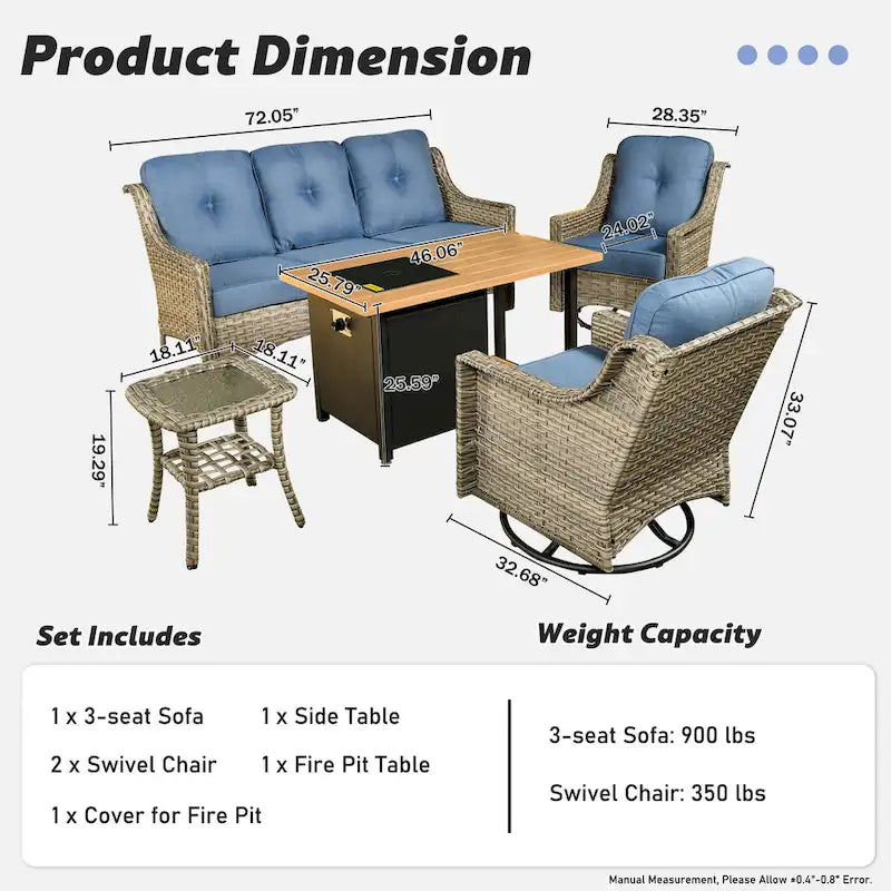 OVIOS Ensemble de 5 pièces : Chaises pivotantes incurvées en osier d'extérieur avec table brasero