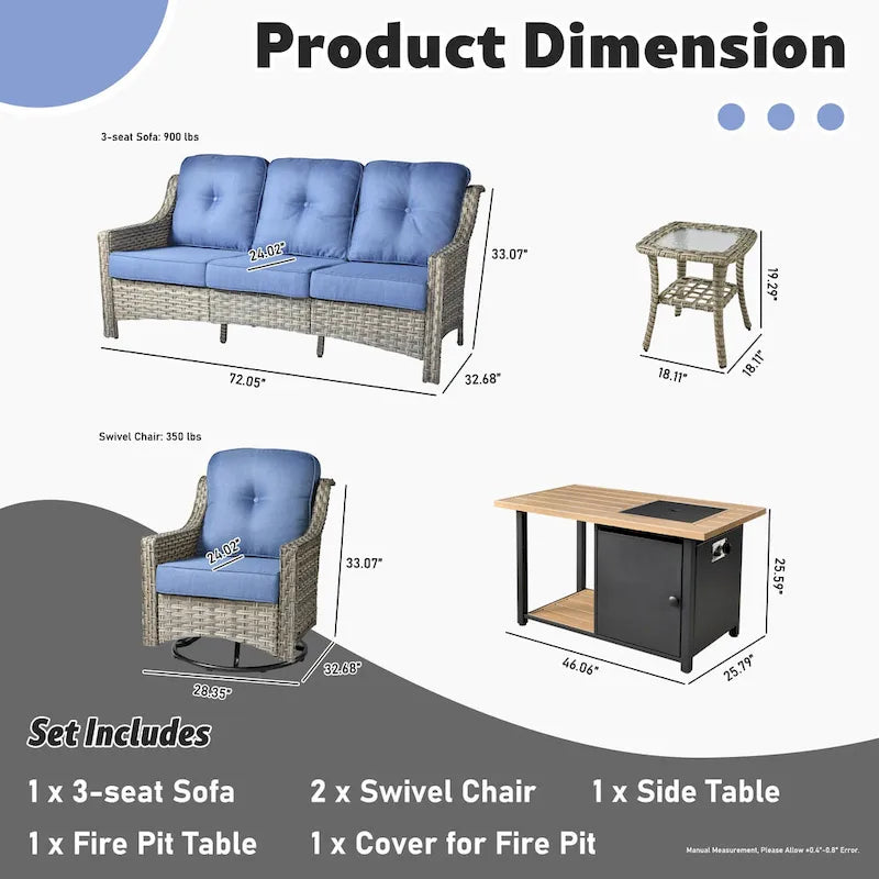 OVIOS Ensemble de 5 pièces : Chaises pivotantes incurvées en osier d'extérieur avec table brasero