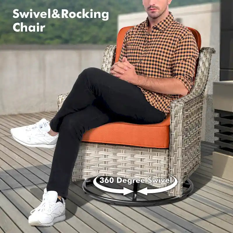 OVIOS Ensemble de 5 pièces : Chaises pivotantes incurvées en osier d'extérieur avec table brasero