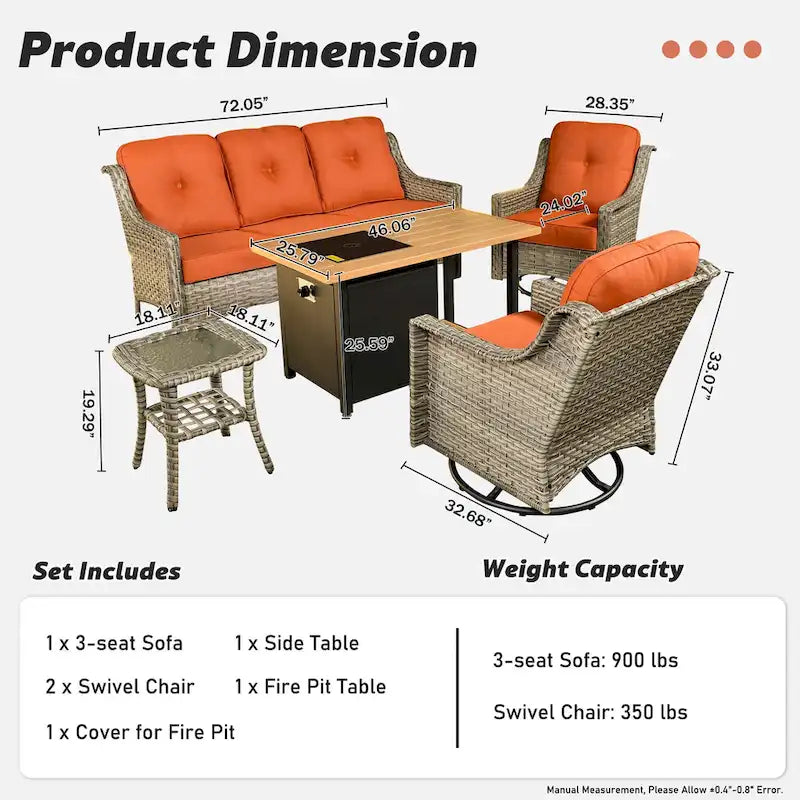 OVIOS Ensemble de 5 pièces : Chaises pivotantes incurvées en osier d'extérieur avec table brasero