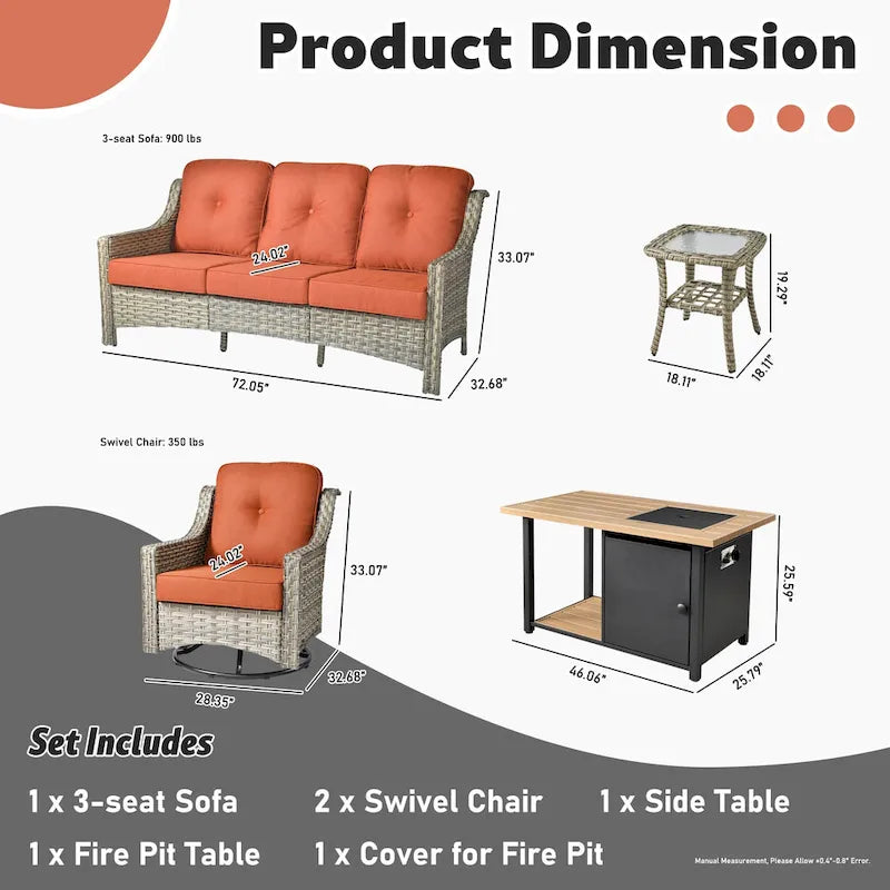 OVIOS Ensemble de 5 pièces : Chaises pivotantes incurvées en osier d'extérieur avec table brasero