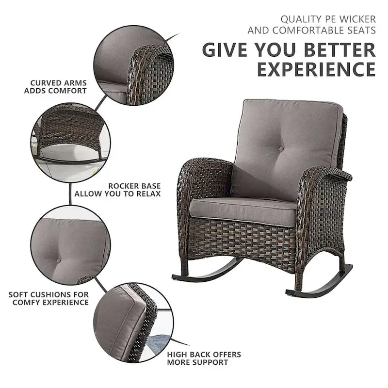 Fauteuils à bascule d'extérieur avec coussins épais - Marron