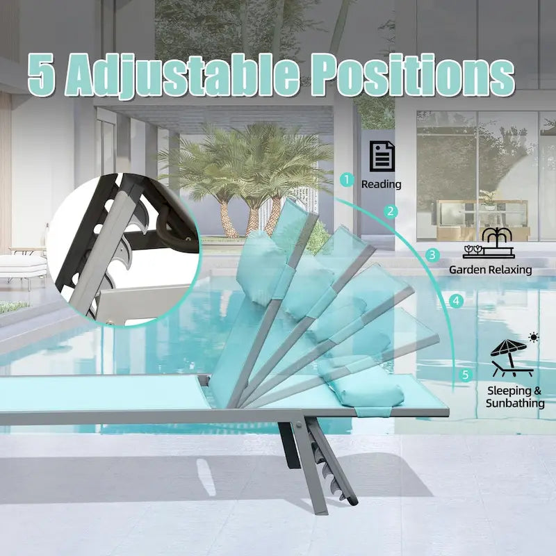 Ensemble de 3 chaises longues de patio, chaises longues de piscine en aluminium avec table d'appoint, fauteuil inclinable réglable extérieur tout temps